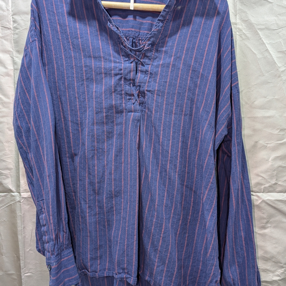Free People Blue Blouse with Pink Stripes
